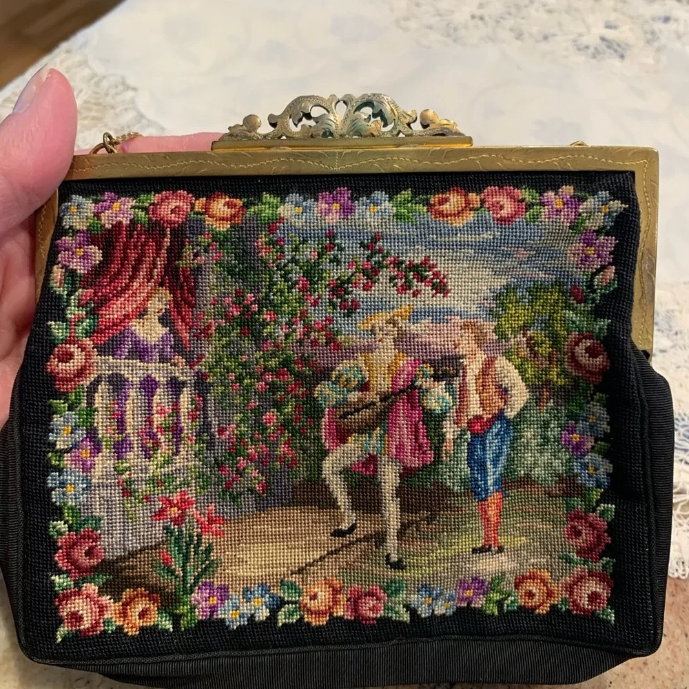 Antique Victorian petit point needlepoint brass Evening Purse